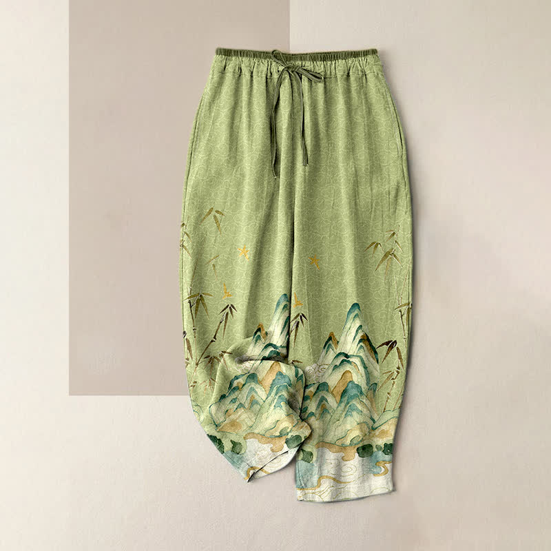 Buddha Stones Pantalon pour femme en pur coton, motif bambou de montagne, taille élastique et poches - Vert foncé - US16，UK/AU20，EU48 (3XL) - image 0