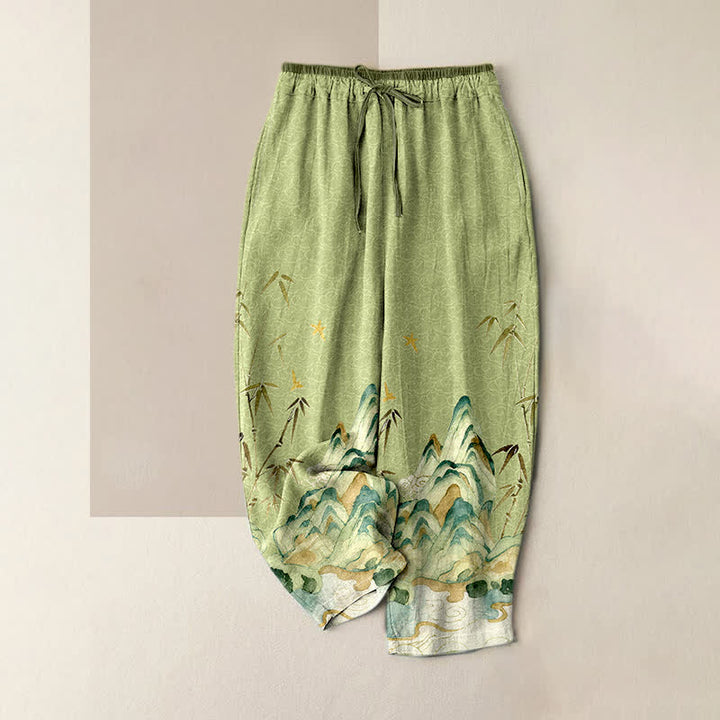 Buddha Stones Pantalon pour femme en pur coton, motif bambou de montagne, taille élastique et poches - Vert foncé - US16，UK/AU20，EU48 (3XL) - image 0