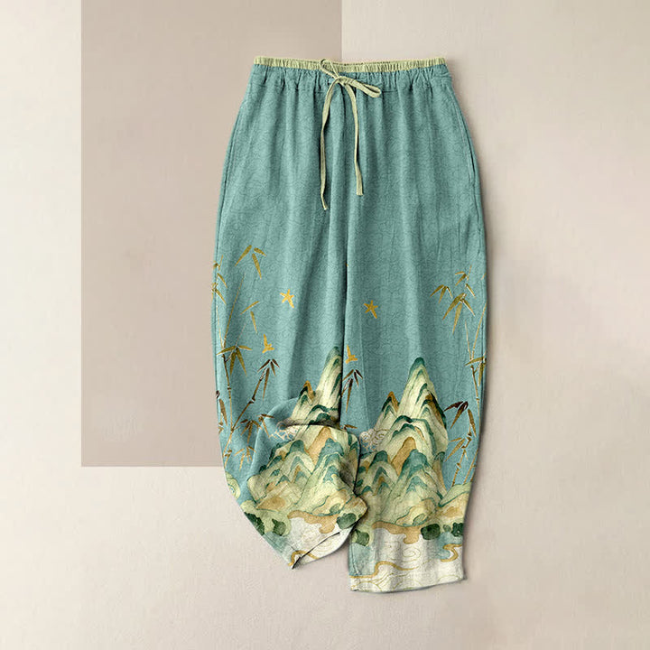 Buddha Stones Pantalon pour femme en pur coton, motif bambou de montagne, taille élastique et poches - Turquoise - US16，UK/AU20，EU48 (3XL) - image 3