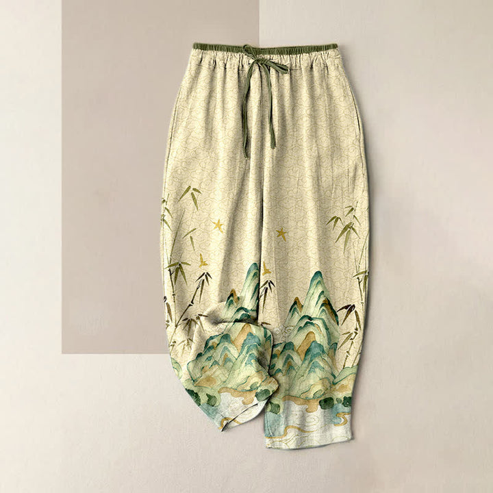 Buddha Stones Pantalon pour femme en pur coton, motif bambou de montagne, taille élastique et poches - Beige - US16，UK/AU20，EU48 (3XL) - image 4