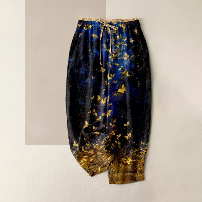 Buddha Stones Pantalon pour femme en pur coton à motif papillon doré dégradé et taille élastique avec poches - Bleu nuit - US16，UK/AU20，EU48 (3XL) - image 0