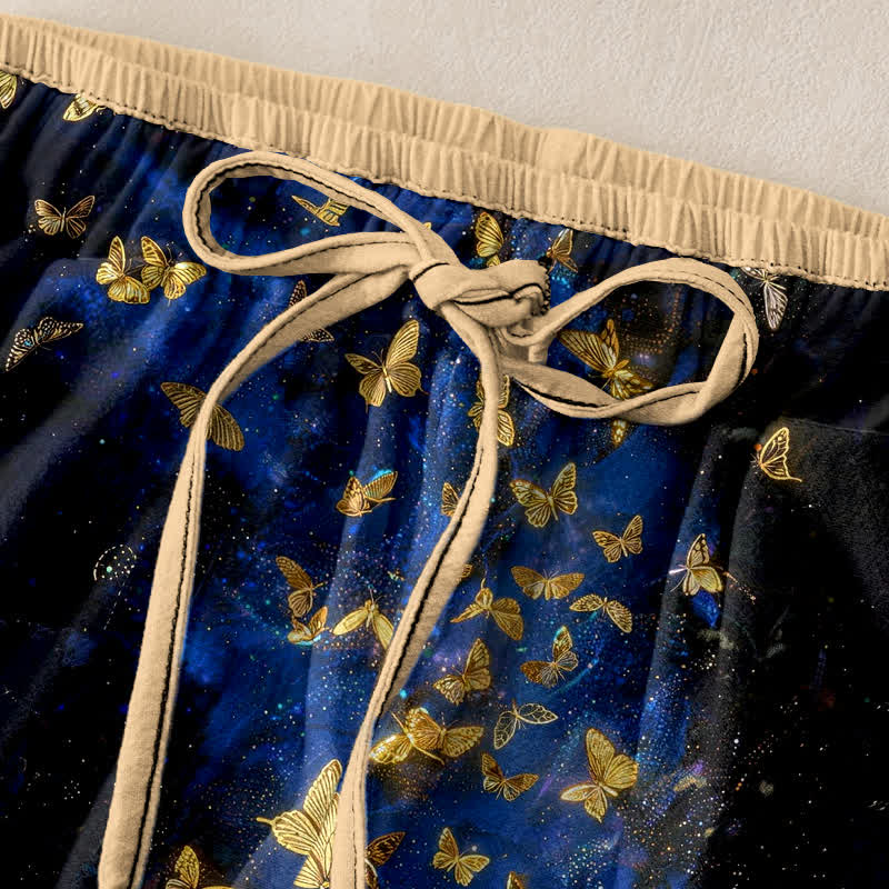Buddha Stones Pantalon pour femme en pur coton à motif papillon doré dégradé et taille élastique avec poches - image 1