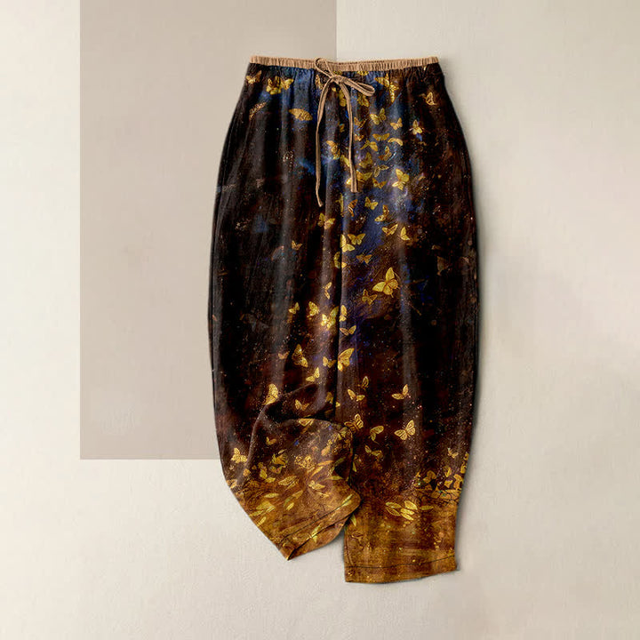 Buddha Stones Pantalon pour femme en pur coton à motif papillon doré dégradé et taille élastique avec poches - SaddleBrown - US16，UK/AU20，EU48 (3XL) - image 4