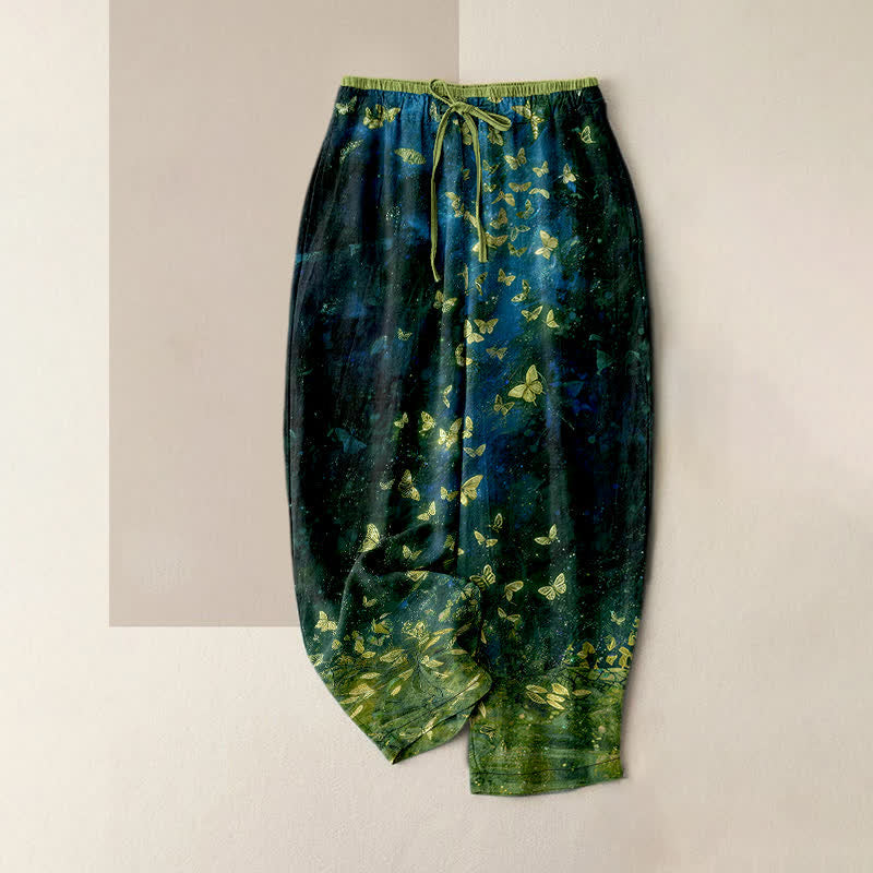 Buddha Stones Pantalon pour femme en pur coton à motif papillon doré dégradé et taille élastique avec poches - Vert foncé - US16，UK/AU20，EU48 (3XL) - image 5