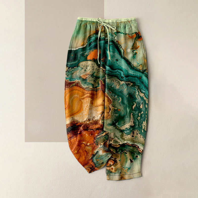 Buddha Stones Pantalon pour femme en coton à motif marbré ondulé, taille élastique et poches - Vert foncé - US16，UK/AU20，EU48 (3XL) - image 0