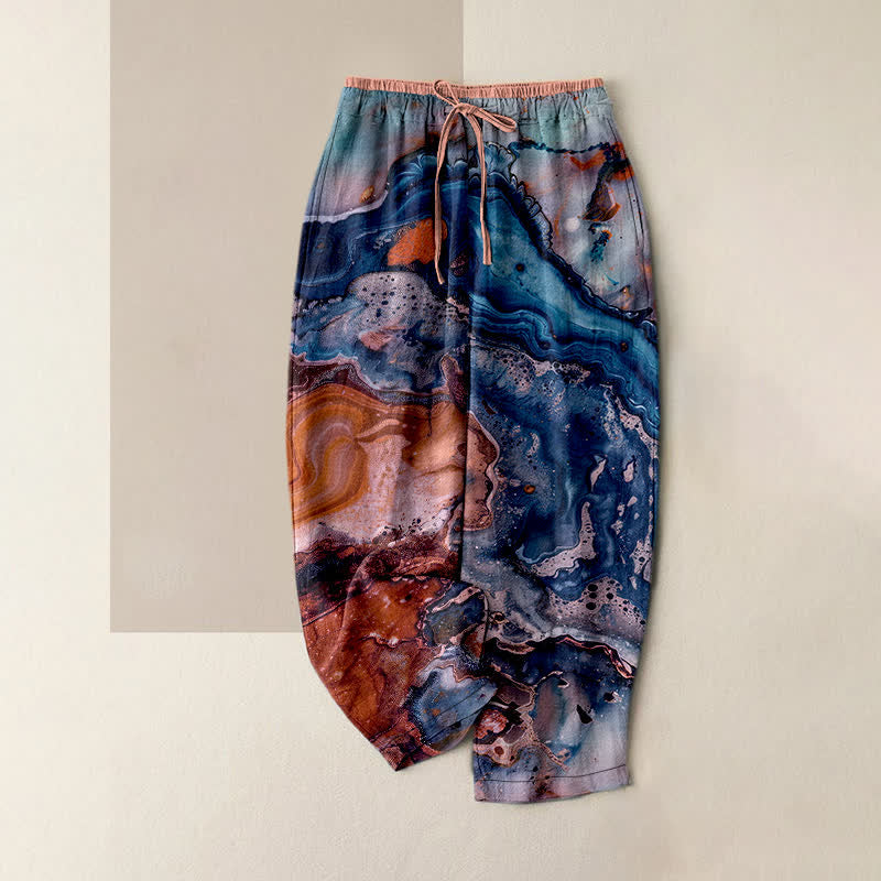 Buddha Stones Pantalon pour femme en coton à motif marbré ondulé, taille élastique et poches - SteelBlue - US16，UK/AU20，EU48 (3XL) - image 4
