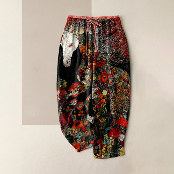 Buddha Stones Pantalon pour femme en pur coton, motif floral bohème et chevaux, taille élastique et poches - Noir - US16，UK/AU20，EU48 (3XL) - image 0
