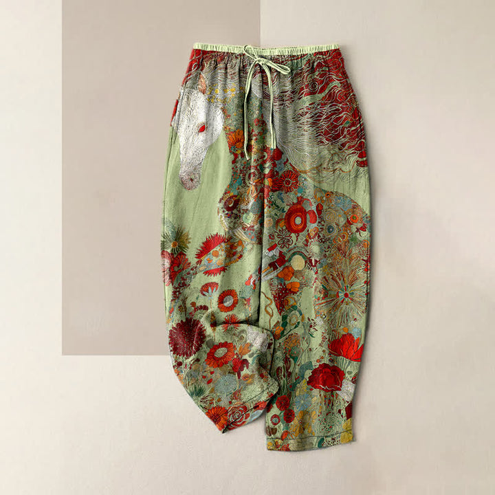 Buddha Stones Pantalon pour femme en pur coton, motif floral bohème et chevaux, taille élastique et poches - Vert foncé - US16，UK/AU20，EU48 (3XL) - image 4