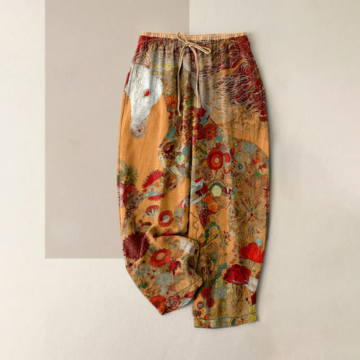 Buddha Stones Pantalon pour femme en pur coton, motif floral bohème et chevaux, taille élastique et poches - Orange - US16，UK/AU20，EU48 (3XL) - image 5