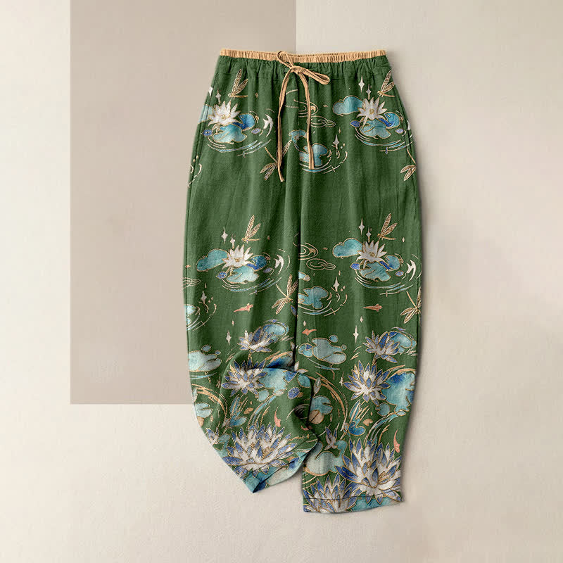 Buddha Stones Pantalon pour femme en pur coton à motif vagues de lotus, taille élastique et poches - Vert olive foncé - US16，UK/AU20，EU48 (3XL) - image 0