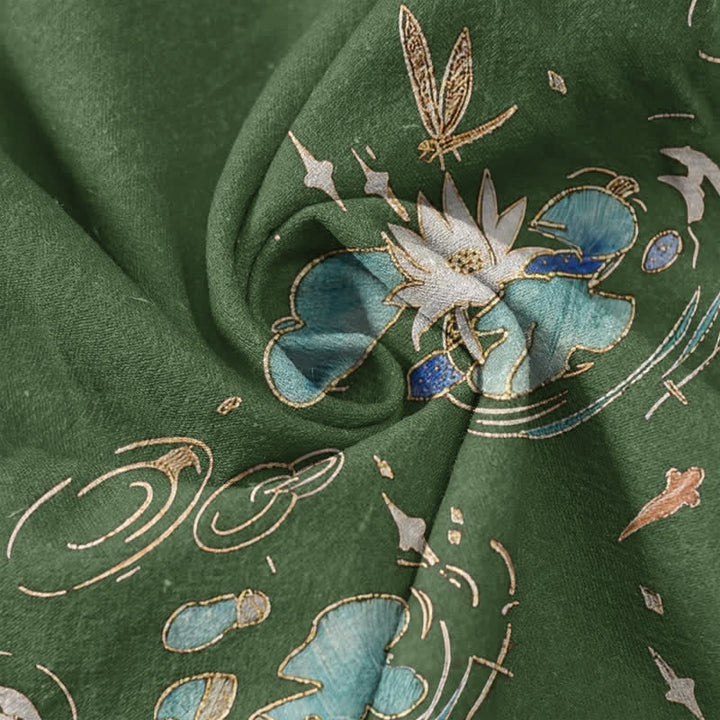 Buddha Stones Pantalon pour femme en pur coton à motif vagues de lotus, taille élastique et poches - image 3