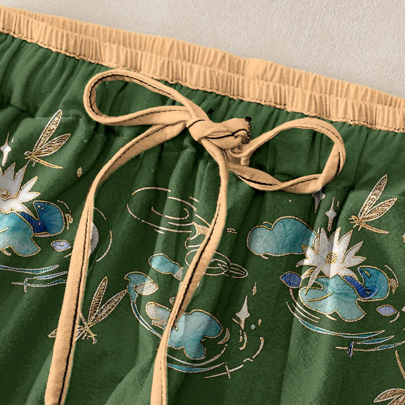 Buddha Stones Pantalon pour femme en pur coton à motif vagues de lotus, taille élastique et poches - image 1