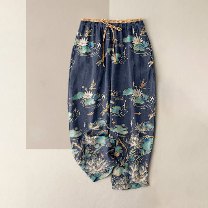Buddha Stones Pantalon pour femme en pur coton à motif vagues de lotus, taille élastique et poches - Marine - US16，UK/AU20，EU48 (3XL) - image 4