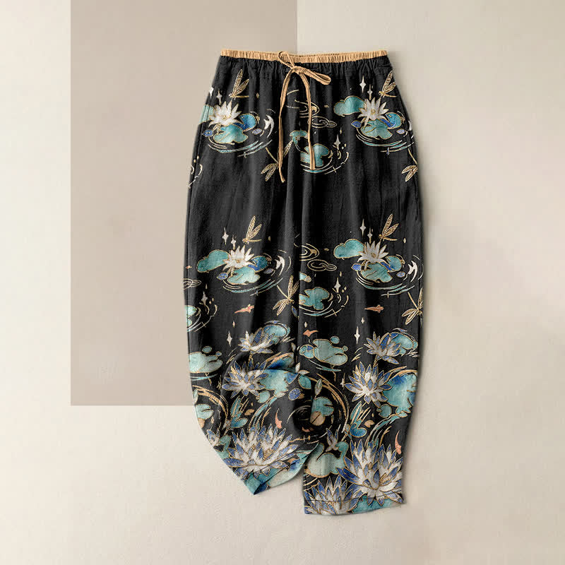 Buddha Stones Pantalon pour femme en pur coton à motif vagues de lotus, taille élastique et poches - Noir - US16，UK/AU20，EU48 (3XL) - image 5
