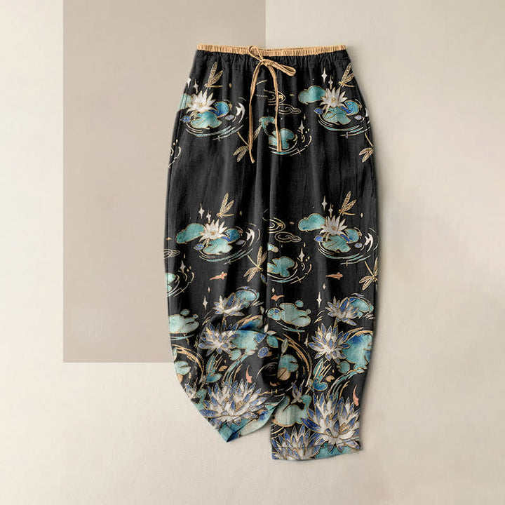 Buddha Stones Pantalon pour femme en pur coton à motif vagues de lotus, taille élastique et poches - Noir - US16，UK/AU20，EU48 (3XL) - image 5