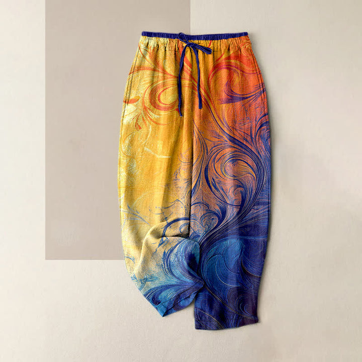 Buddha Stones Pantalon pour femme en pur coton, motif dégradé coucher de soleil tourbillonnant, taille élastique et poches - Orange - US16，UK/AU20，EU48 (3XL) - image 0