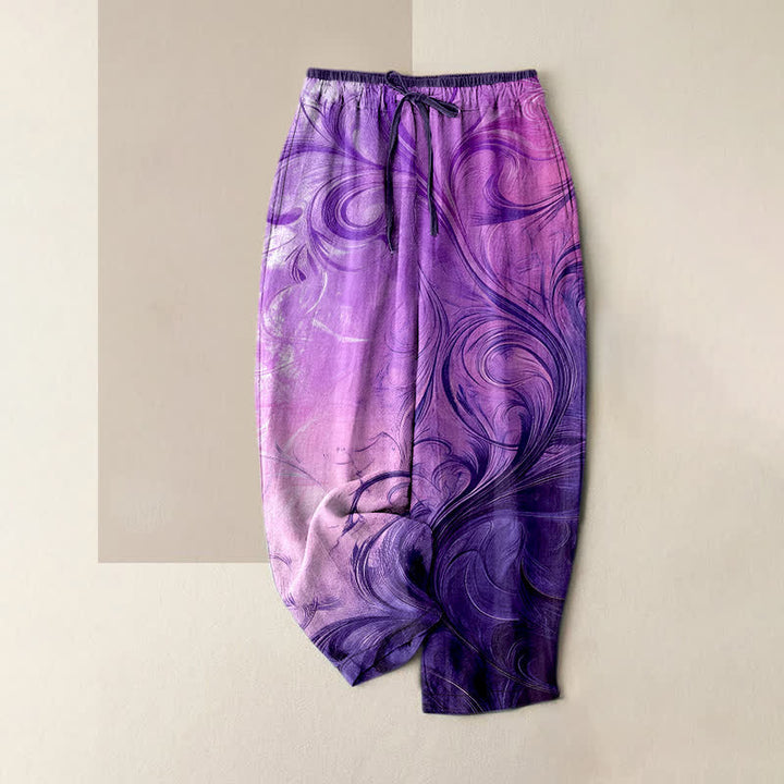 Buddha Stones Pantalon pour femme en pur coton, motif dégradé coucher de soleil tourbillonnant, taille élastique et poches - Violette sombre - US16，UK/AU20，EU48 (3XL) - image 4