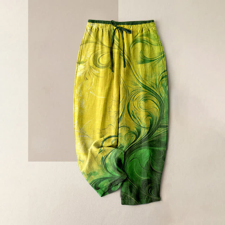 Buddha Stones Pantalon pour femme en pur coton, motif dégradé coucher de soleil tourbillonnant, taille élastique et poches - VertJaune - US16，UK/AU20，EU48 (3XL) - image 5