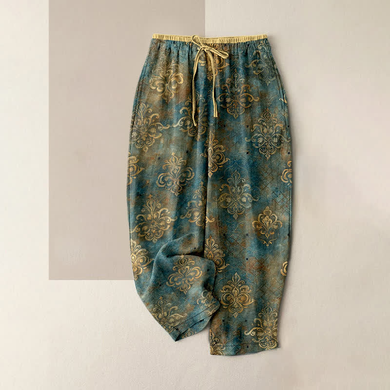 Buddha Stones Pantalon pour femme à taille élastique et poches, imprimé damassé vintage - Sarcelle - US16，UK/AU20，EU48 (3XL) - image 0