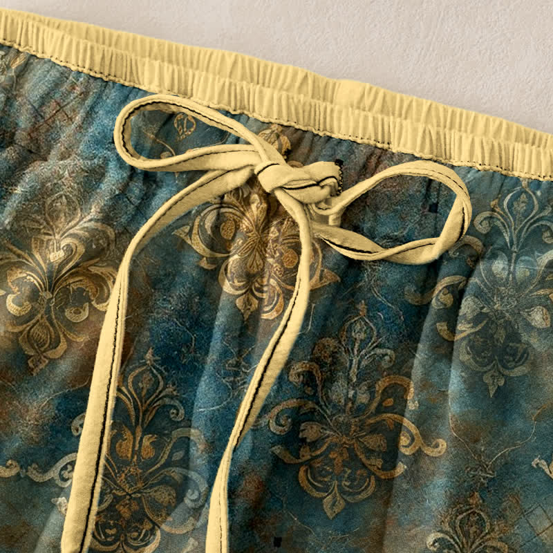 Buddha Stones Pantalon pour femme à taille élastique et poches, imprimé damassé vintage - image 1