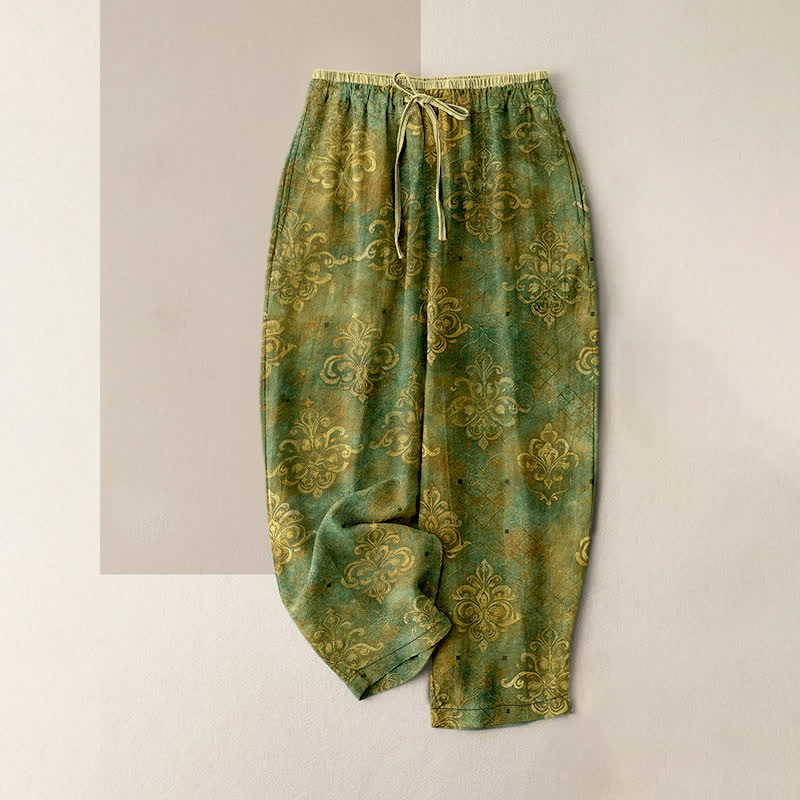 Buddha Stones Pantalon pour femme à taille élastique et poches, imprimé damassé vintage - Vert olive - US16，UK/AU20，EU48 (3XL) - image 4