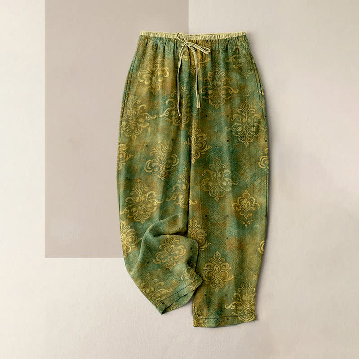 Buddha Stones Pantalon pour femme à taille élastique et poches, imprimé damassé vintage - Vert olive - US16，UK/AU20，EU48 (3XL) - image 4