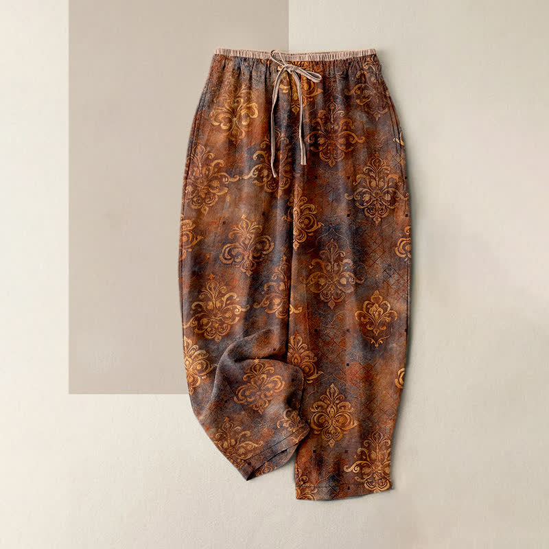 Buddha Stones Pantalon pour femme à taille élastique et poches, imprimé damassé vintage - Terre de sienne - US16，UK/AU20，EU48 (3XL) - image 5