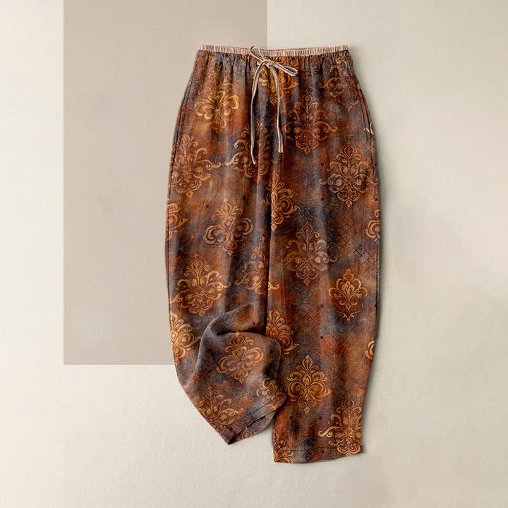 Buddha Stones Pantalon pour femme à taille élastique et poches, imprimé damassé vintage - Terre de sienne - US16，UK/AU20，EU48 (3XL) - image 5