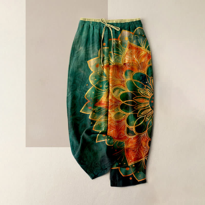 Buddha Stones Pantalon pour femme en pur coton, motif mandala doré, taille élastique et poches - Vert d'eau - US16，UK/AU20，EU48 (3XL) - image 0