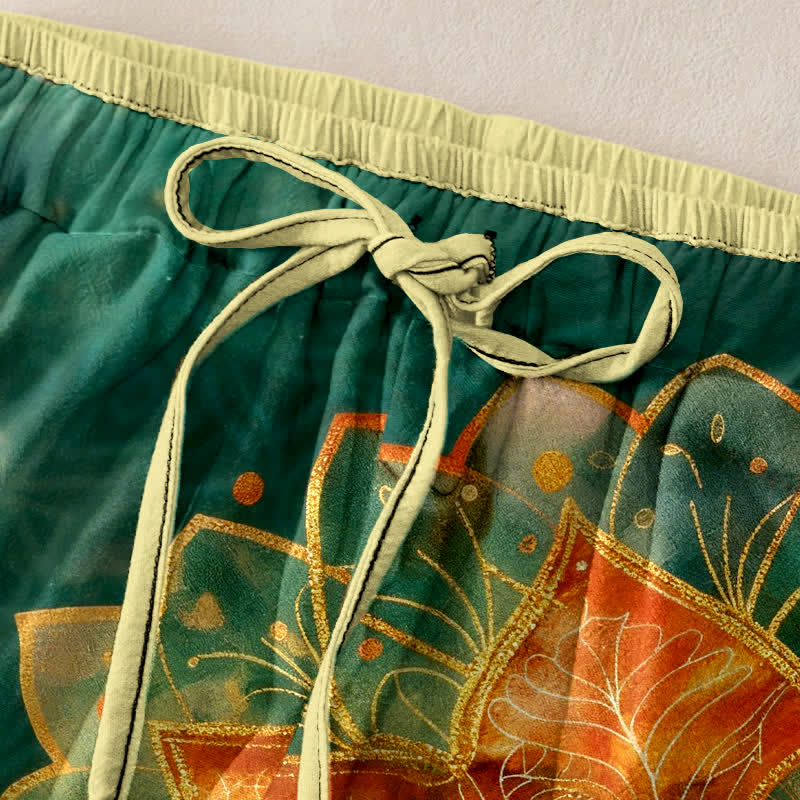 Buddha Stones Pantalon pour femme en pur coton, motif mandala doré, taille élastique et poches - image 1