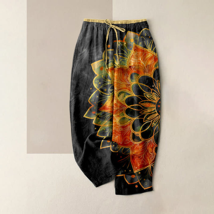 Buddha Stones Pantalon pour femme en pur coton, motif mandala doré, taille élastique et poches - Noir - US16，UK/AU20，EU48 (3XL) - image 5
