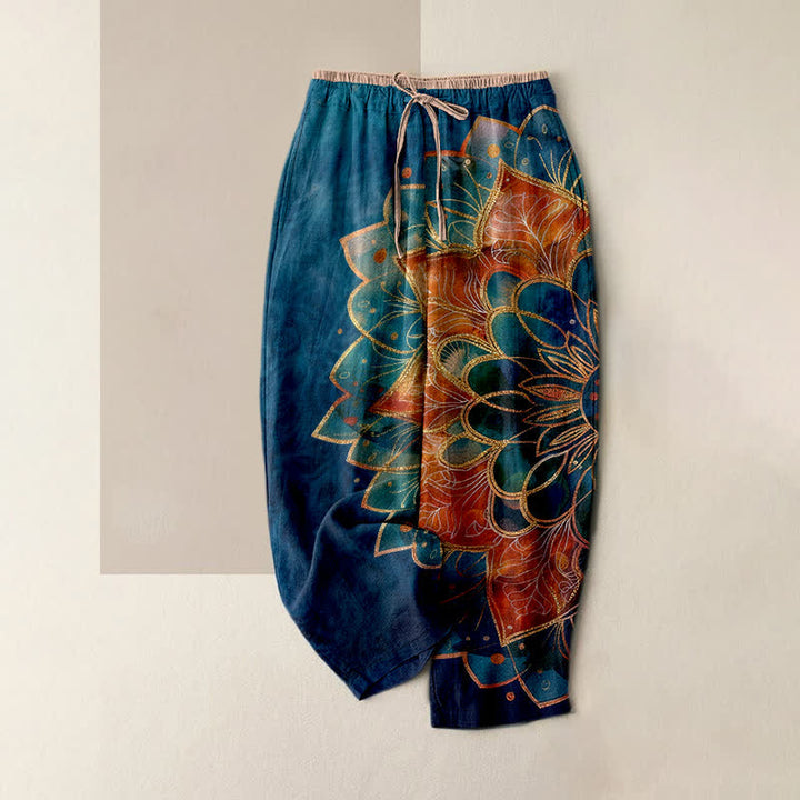 Buddha Stones Pantalon pour femme en pur coton, motif mandala doré, taille élastique et poches - Marine - US16，UK/AU20，EU48 (3XL) - image 6