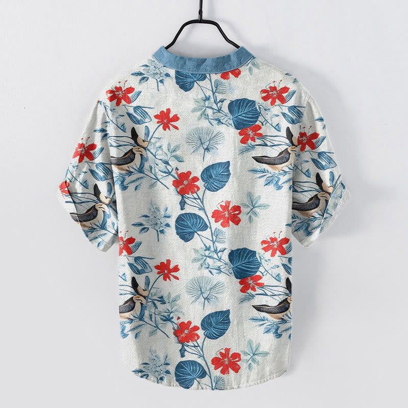 Buddha Stones Chemise à manches courtes pour homme en coton à motif floral tropical et oiseaux, demi-boutonnée - image 1