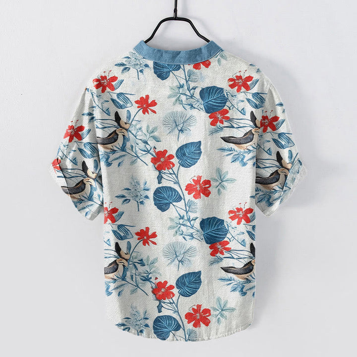 Buddha Stones Chemise à manches courtes pour homme en coton à motif floral tropical et oiseaux, demi-boutonnée - image 1