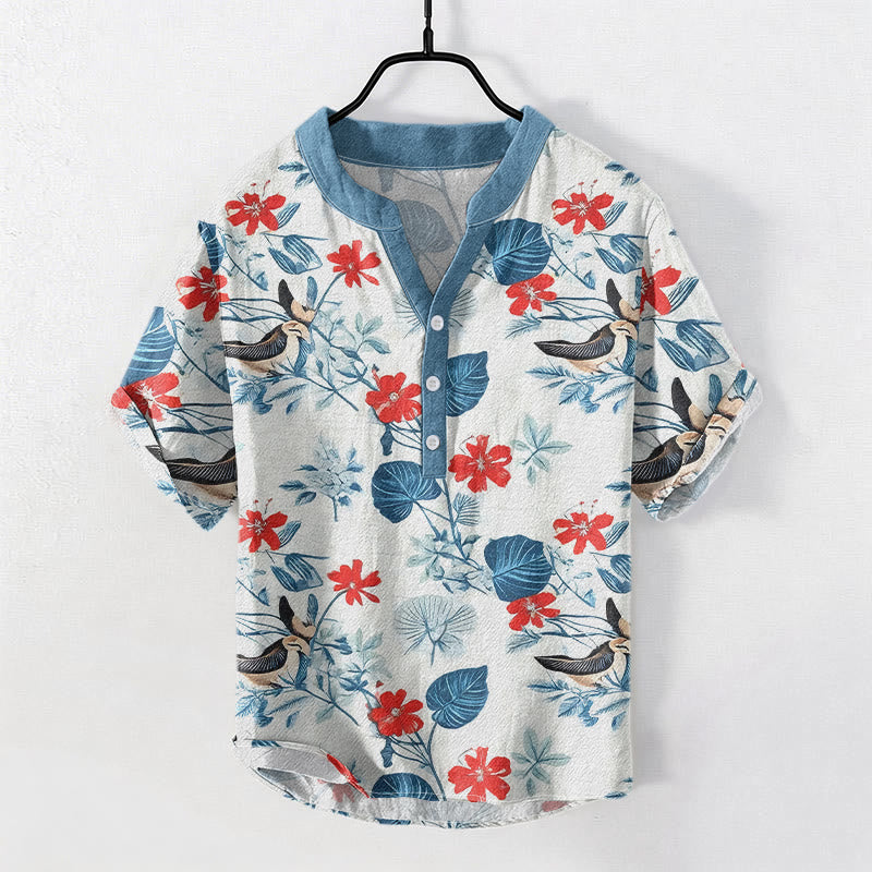Buddha Stones Chemise à manches courtes pour homme en coton à motif floral tropical et oiseaux, demi-boutonnée - Bleu acier clair - US/UK/AU50，EU60 (5XL) - image 0