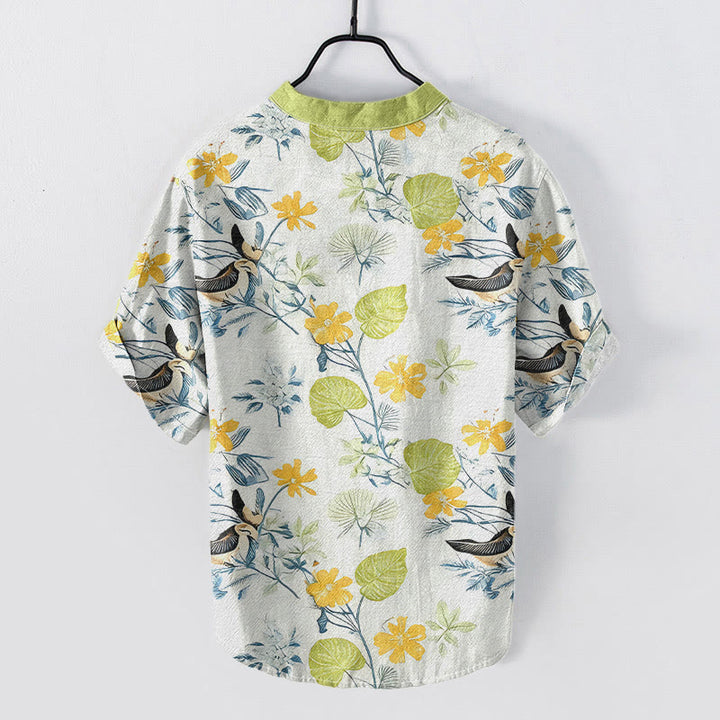 Buddha Stones Chemise à manches courtes pour homme en coton à motif floral tropical et oiseaux, demi-boutonnée - image 4
