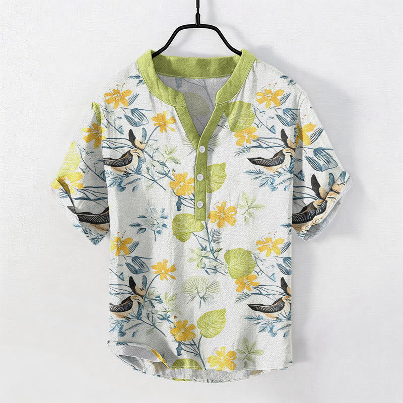 Buddha Stones Chemise à manches courtes pour homme en coton à motif floral tropical et oiseaux, demi-boutonnée - VertJaune - US/UK/AU50，EU60 (5XL) - image 3