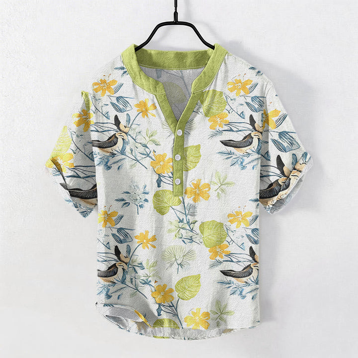 Buddha Stones Chemise à manches courtes pour homme en coton à motif floral tropical et oiseaux, demi-boutonnée - VertJaune - US/UK/AU50，EU60 (5XL) - image 3