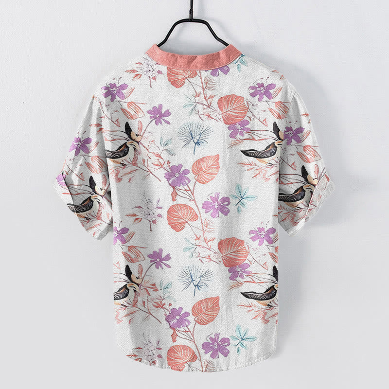 Buddha Stones Chemise à manches courtes pour homme en coton à motif floral tropical et oiseaux, demi-boutonnée - image 6