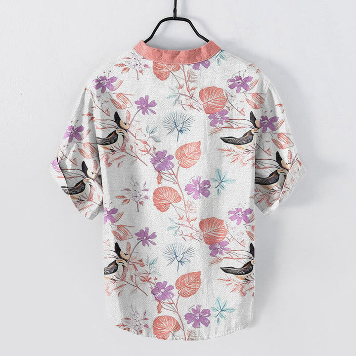 Buddha Stones Chemise à manches courtes pour homme en coton à motif floral tropical et oiseaux, demi-boutonnée - image 6