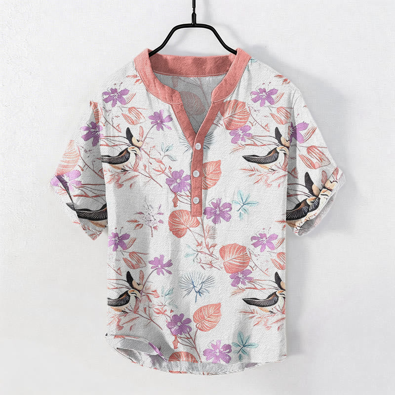 Buddha Stones Chemise à manches courtes pour homme en coton à motif floral tropical et oiseaux, demi-boutonnée - MistyRose - US/UK/AU50，EU60 (5XL) - image 5
