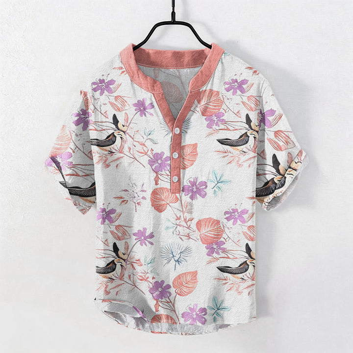 Buddha Stones Chemise à manches courtes pour homme en coton à motif floral tropical et oiseaux, demi-boutonnée - MistyRose - US/UK/AU50，EU60 (5XL) - image 5