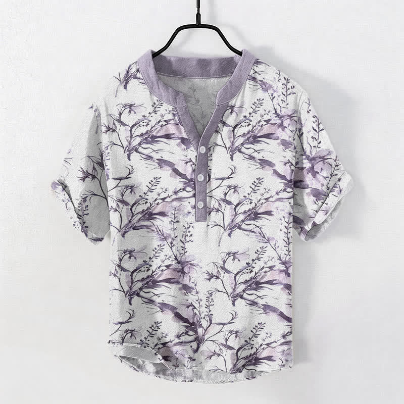 Buddha Stones Chemise homme à manches courtes et demi-boutonnée, motif brins de lavande, en pur coton - image 3