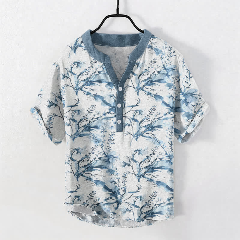 Buddha Stones Chemise homme à manches courtes et demi-boutonnée, motif brins de lavande, en pur coton - image 5