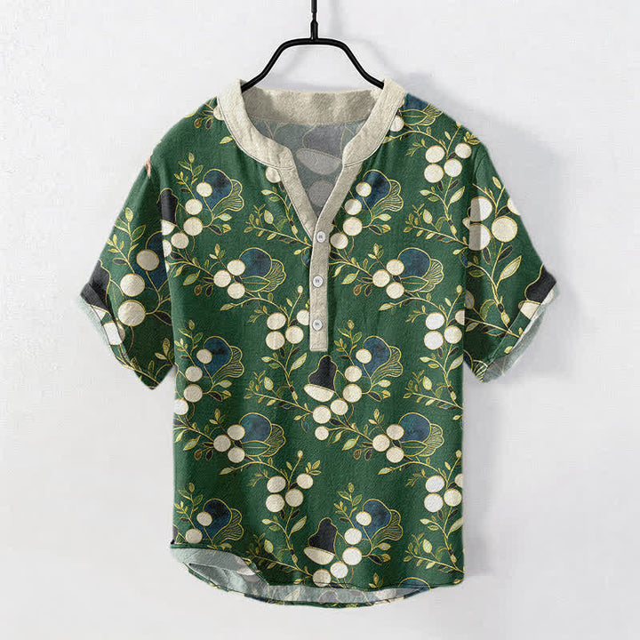 Buddha Stones Chemise homme à manches courtes et demi-boutonnages, motif floral et baies en coton - Vert forêt - US/UK/AU50，EU60 (5XL) - image 0