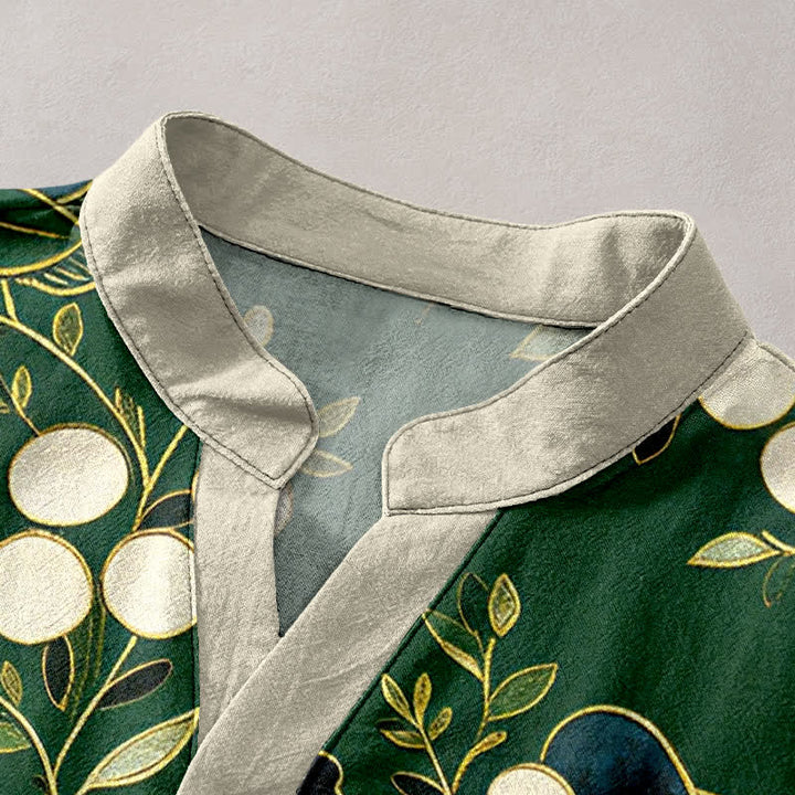 Buddha Stones Chemise homme à manches courtes et demi-boutonnages, motif floral et baies en coton - image 2