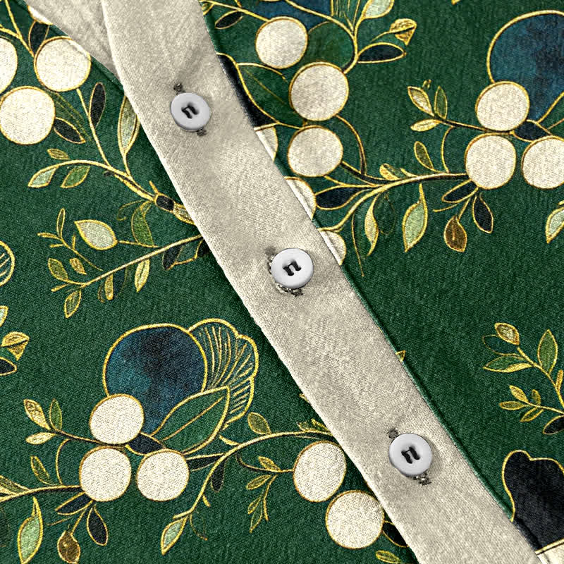 Buddha Stones Chemise homme à manches courtes et demi-boutonnages, motif floral et baies en coton - image 3