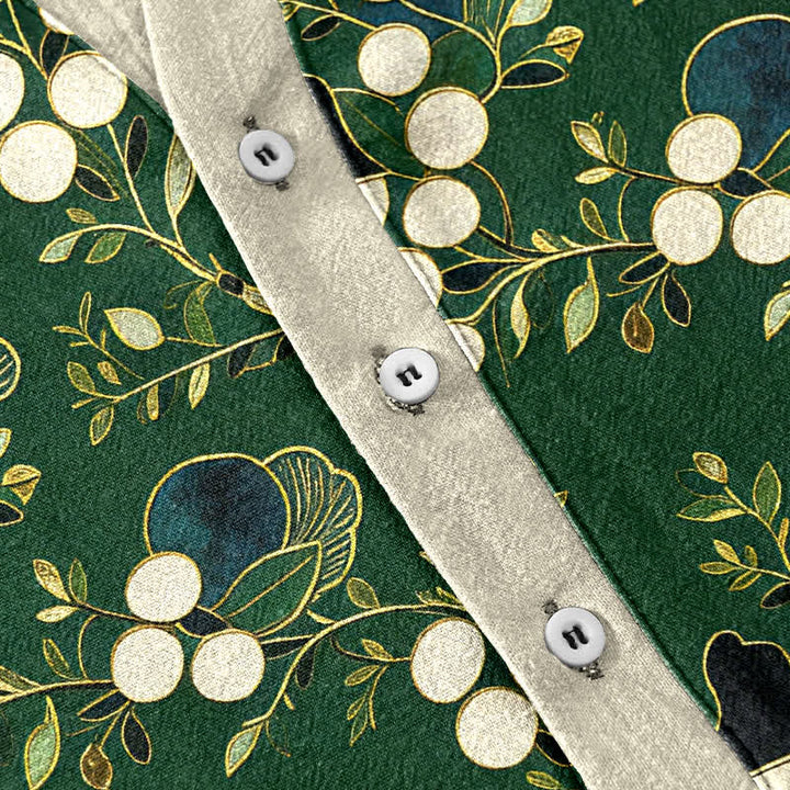 Buddha Stones Chemise homme à manches courtes et demi-boutonnages, motif floral et baies en coton - image 3