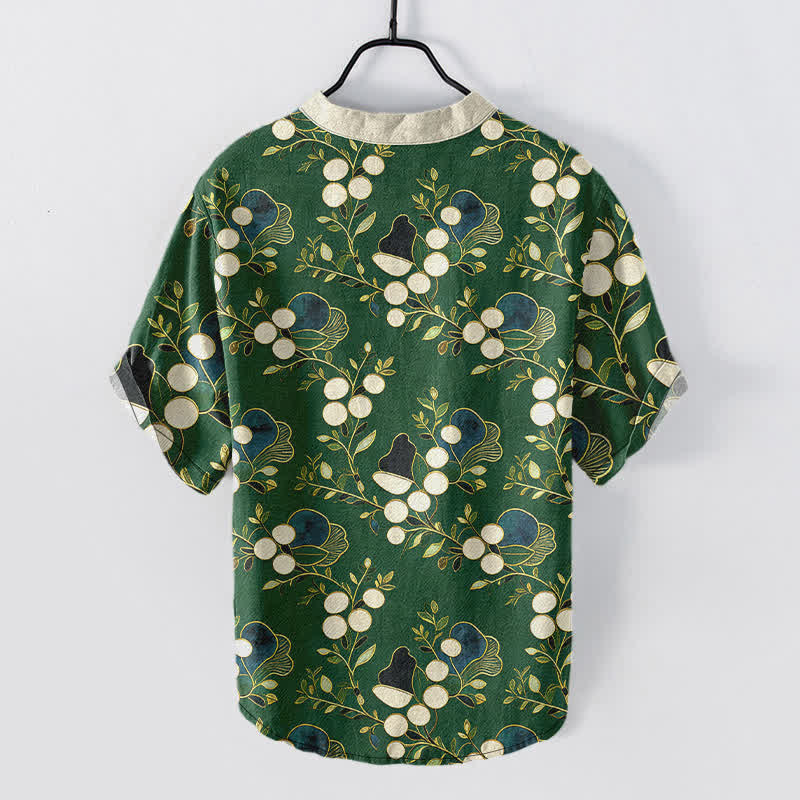 Buddha Stones Chemise homme à manches courtes et demi-boutonnages, motif floral et baies en coton - image 1