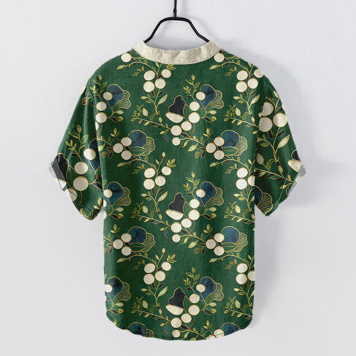 Buddha Stones Chemise homme à manches courtes et demi-boutonnages, motif floral et baies en coton - image 1